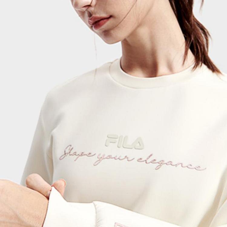 FILA Athletics Solid Basic Crew Neck Simple Sports Knit Pullover Long Sleeve Sweatshirt Women sweatshirt Egrets-White A11W311203F-WT