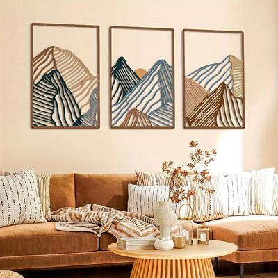 3pcs/aet Minimalist Mountain Landscape Metal Wall Art, Square Hollow-Out Panels, Modern Home Decor For Living Room, Bedroom
