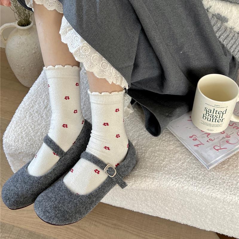 2025 Women's Mid-Calf Socks: Autumn/Winter Style with Little Red Flower Embroidery, Sweet Rabbit Velvet, Thickened for Warmth