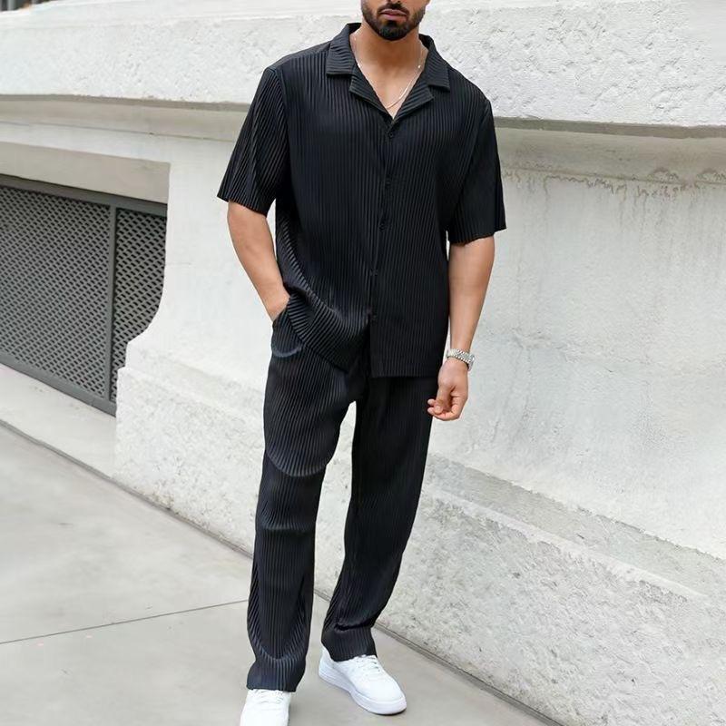 

Mens Pleated Short Sleeve Shirt and Long Pants Set Casual Lapel Button Down Two Piece Outfit S чёрный