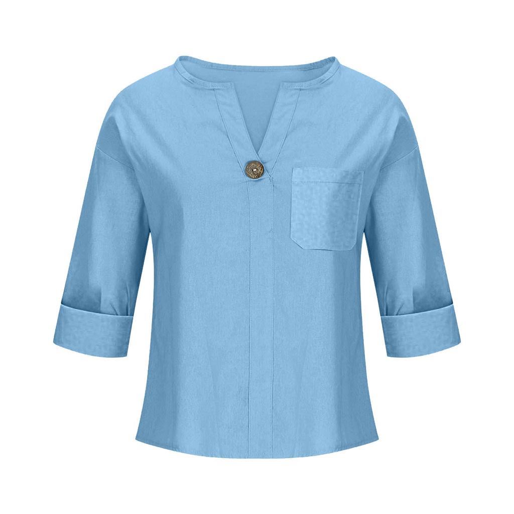 Women's 2025 Summer V-Neck Cotton Linen Button T-Shirt: Loose Fit