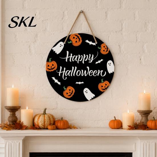 Outdoor Halloween Decoration Hanging Door Sign, Wooden Front Hanger Wreath, Cute Seasonal Sign Ghost Welcome for Porch Wall Indoor Home Durable
