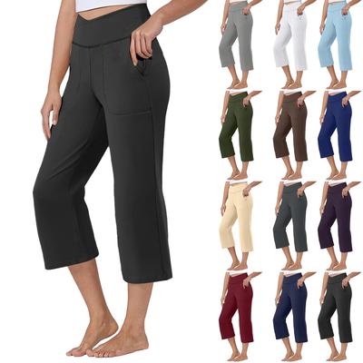 Women  Elastic High Waist 3/4 Pant Casual Active  Fit Wide Capris Leg Pants Trousers With Pockets