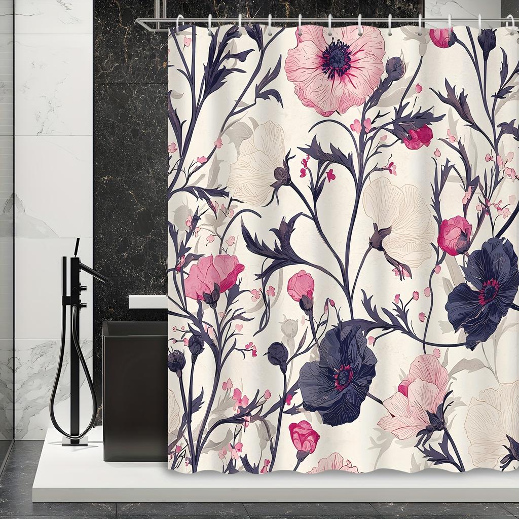 1pc American Vintage Botanical Branches Pink Floral Shower Curtain Decorative Printed Shower Curtain with Hooks Polyester Fabric
