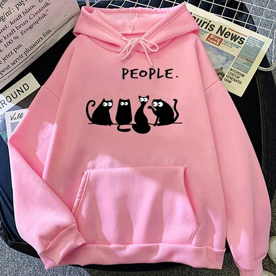 2025 Fall & Winter Womens Hoodie People Alphabet Cat & Dog Fun Print Fall & Winter New Top Harajuku Black Cat Pattern Clothing