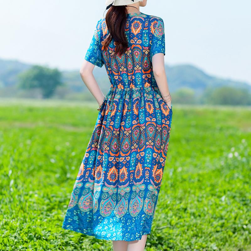 Plus Size Women's Long Dress Summer  Short Sleeve Vintage Print Dress for Women