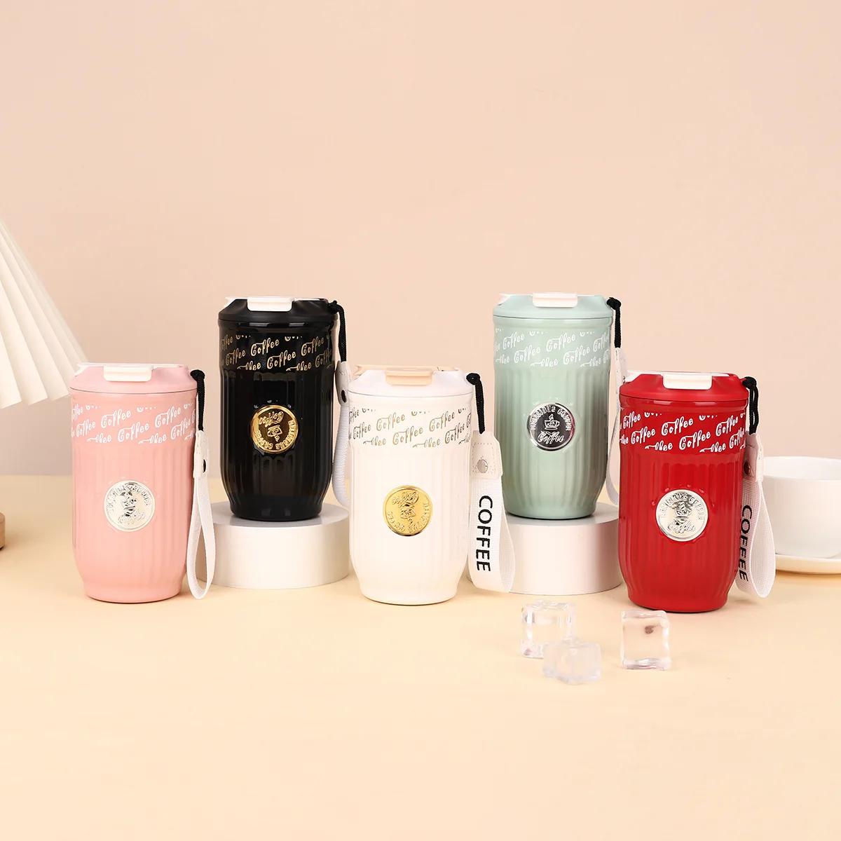 

450ml Thermos Cup With Cord For Women,Double Layer Stainless Steel Vacuum Flasks,Drinkware,Portable Water Bottle,Milk Coffee Mug 450ml рожевий