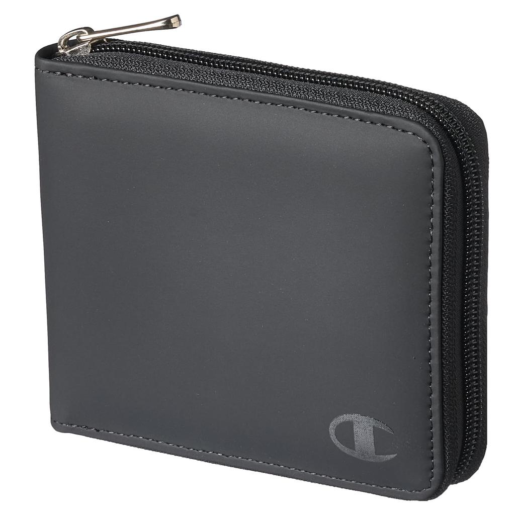 Champion Round Zipper Bifold Wallet with Coin Black Purse, Logo,