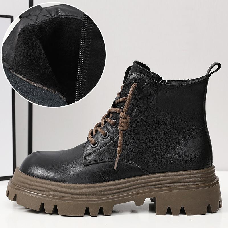 2025 Winter Shoes Women Genuine Leather Boots Warm Plush Thick Sole 4cm Non-slip Fashion Brand Ladies Ankle Boots Black