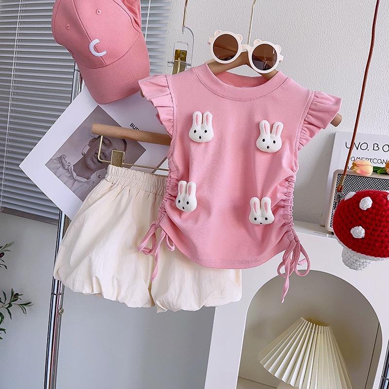 Girls' Summer Cute Rabbit Top & Skirt Set with Fly Sleeves