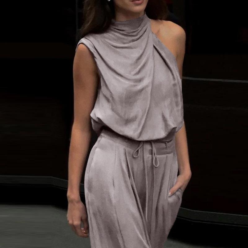 Completo Pantaloni da Donna Colore Unico Mezzo Collo Monospalla Senza Maniche Camicie Allacciatura Pantaloni Gamba Larga Donna 2025 Estate Nuovi Abbigliamento da Strada Donna
