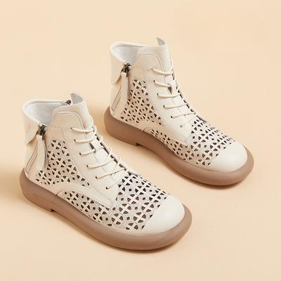 Stivali in pelle da donna 2025, stivali retrò in pelle cava da donna, con suola con plateau e cerniera su entrambi i lati, stivali corti casual da donna