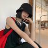 Letter Bucket Hat Women's Spring and Summer Black Versatile Big Head Circumference Bucket Hat Showing Face Small Plain Hat