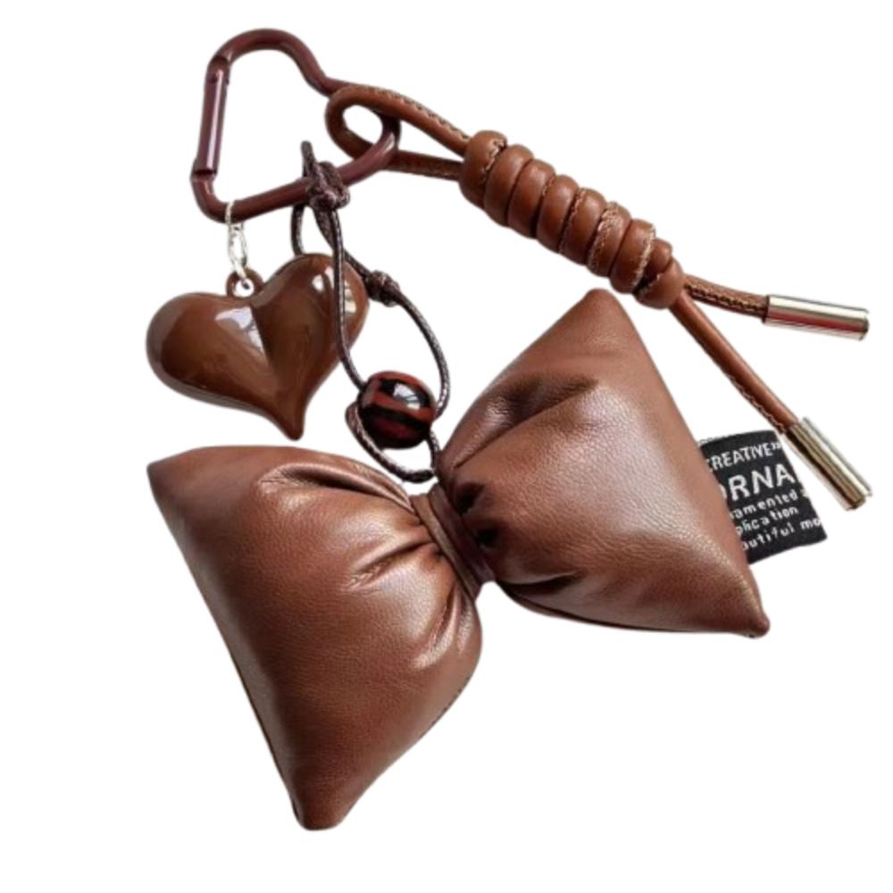 Leather Brown Bow Heart Bag Pendant Backpack Decor Korean Charm Rope Keyring  Key Holder