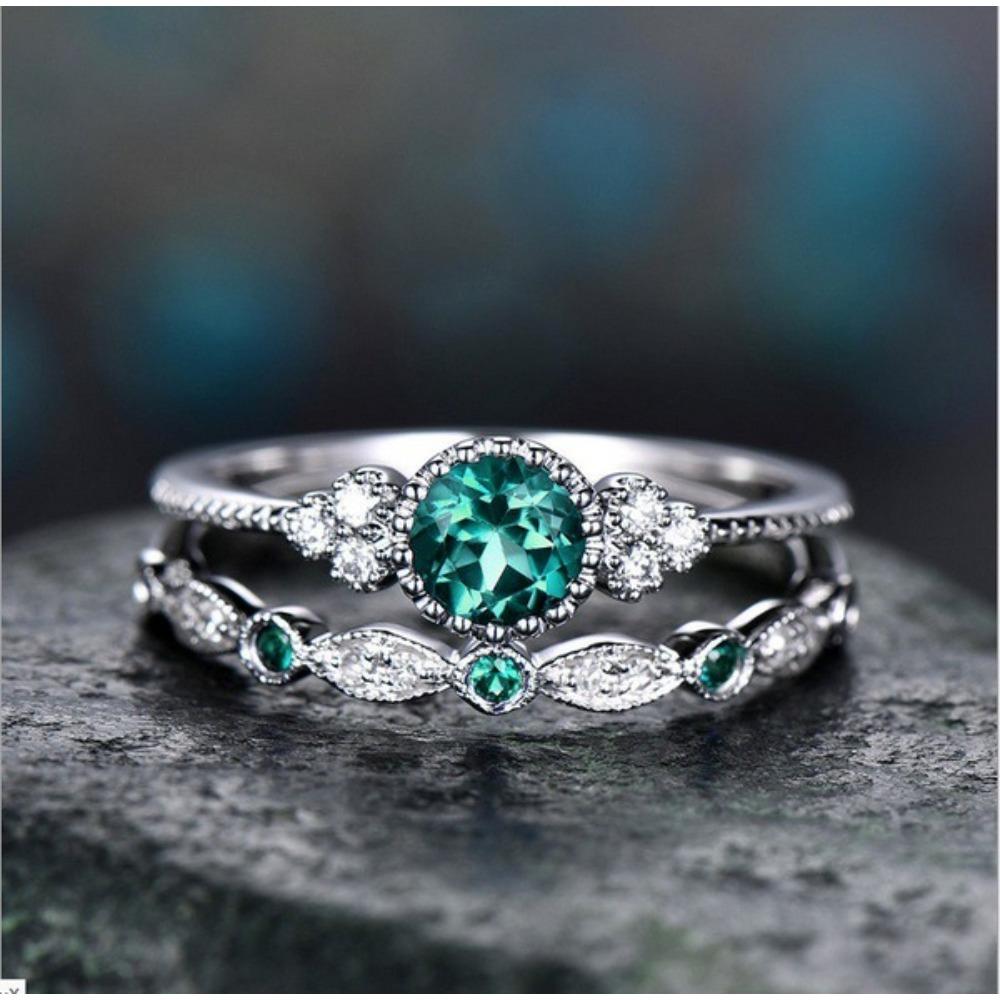 Elegant Emerald Zircon Ring For Women Blue Sapphire Wedding Band Set Fashion Jewelry