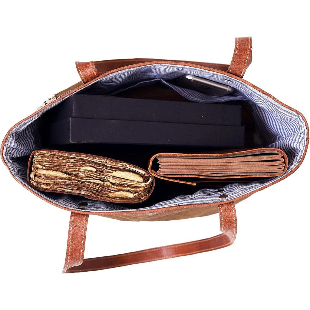 LEATHER Tote Bag, Canvas Shoulder Bag with Leather, 16x13x4 inches, Bicycle Print - Khaki, for Women