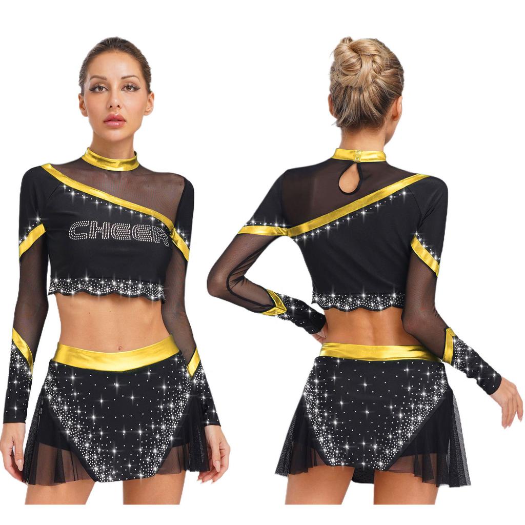 Women Cheerleading Dancewear Set Rhinestone Crop Top Long Sleeve Design Matching Skirt Performance Outfit