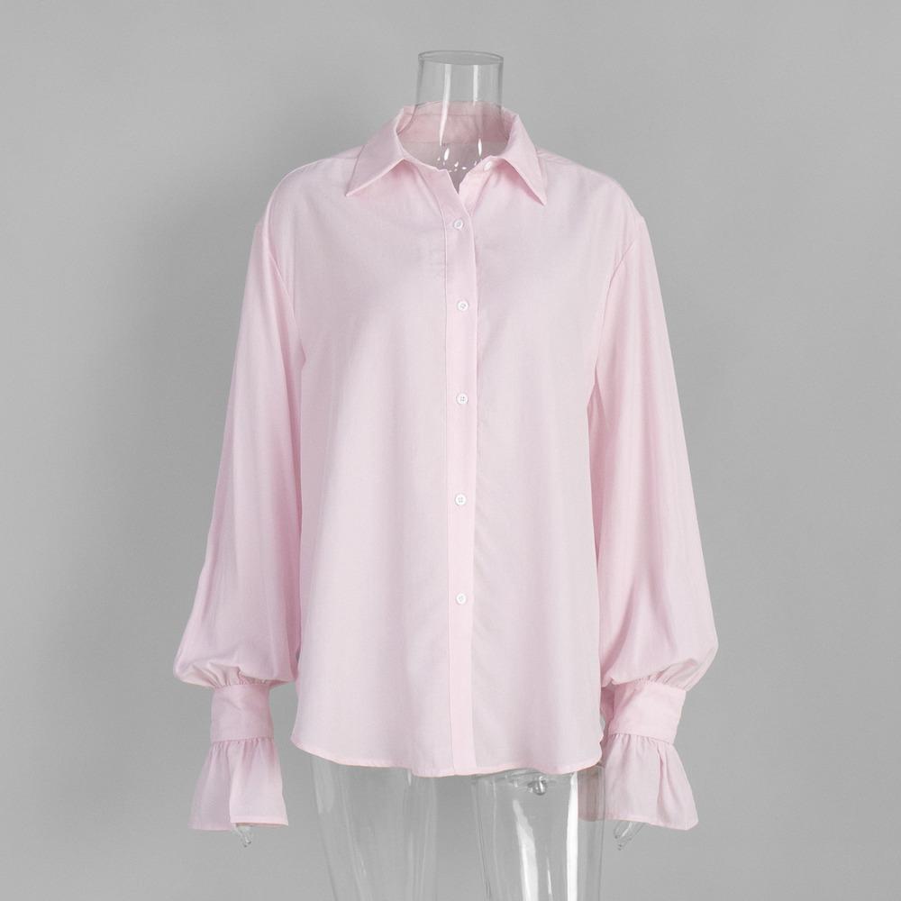 Women s Point Collar Long Sleeve Bell Sleeve Button Down Shirt Oversized Elegant Office Blouse S розовый