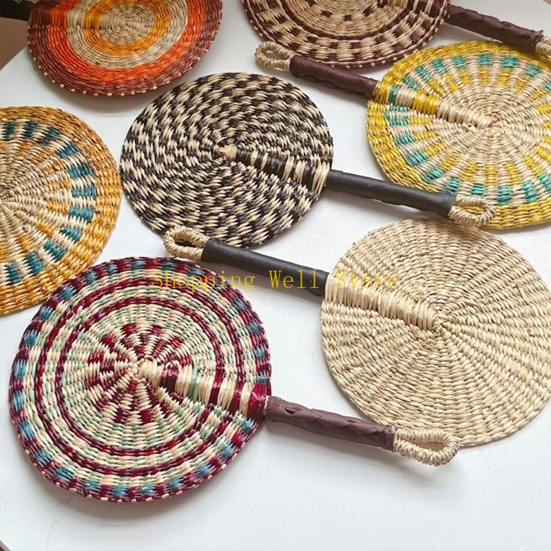KX4B Large Summer Handheld Fan Seagrasses Handmade Woven Fan Natural Decorative Fan