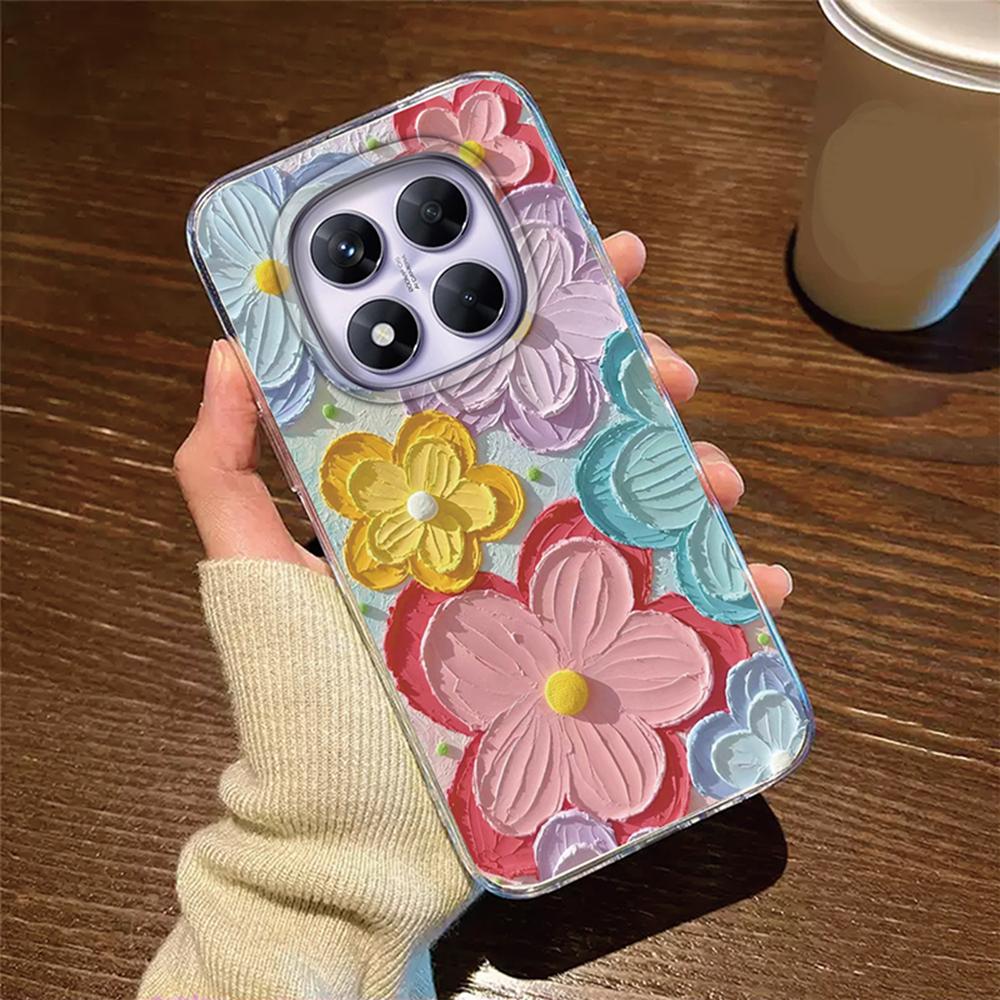 Romantic Lace Pattern Phone Case For Xiaomi Redmi Note 14 Pro 14C 6.88" Transparent Clear Shockproof Flower oil Painting Cover