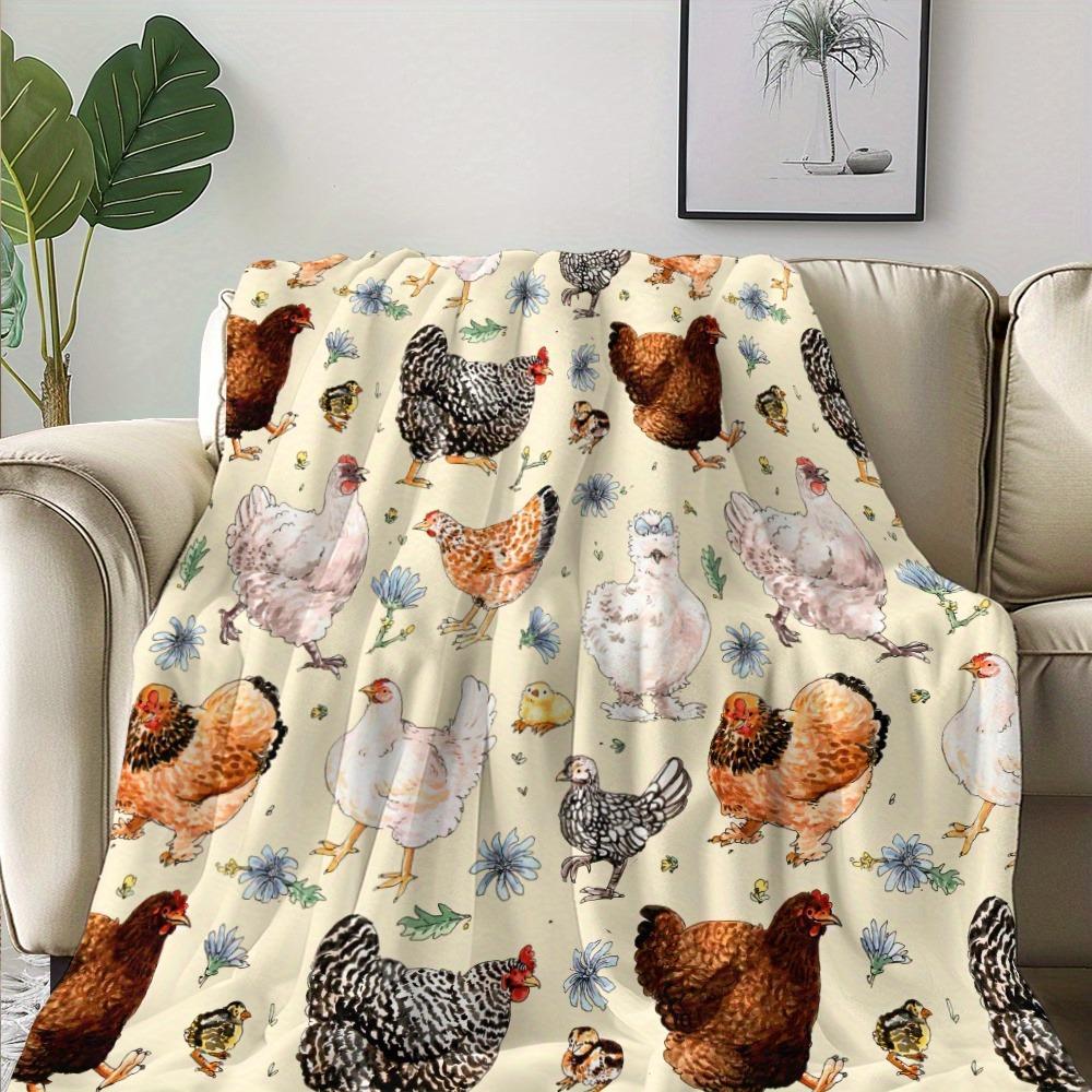 Cozy Watercolor Chicken & Floral Print Blanket Warm Flannel Throw for Naps Camping Travel Home Decor Perfect Gift for Friends