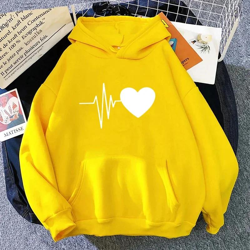Woman Hooded Sweatshirt Casual Fashion Heart Print Hoodies Ladies Home Outdoor Comfort Warm Pullover Daily Sport Loose Hoody Top
