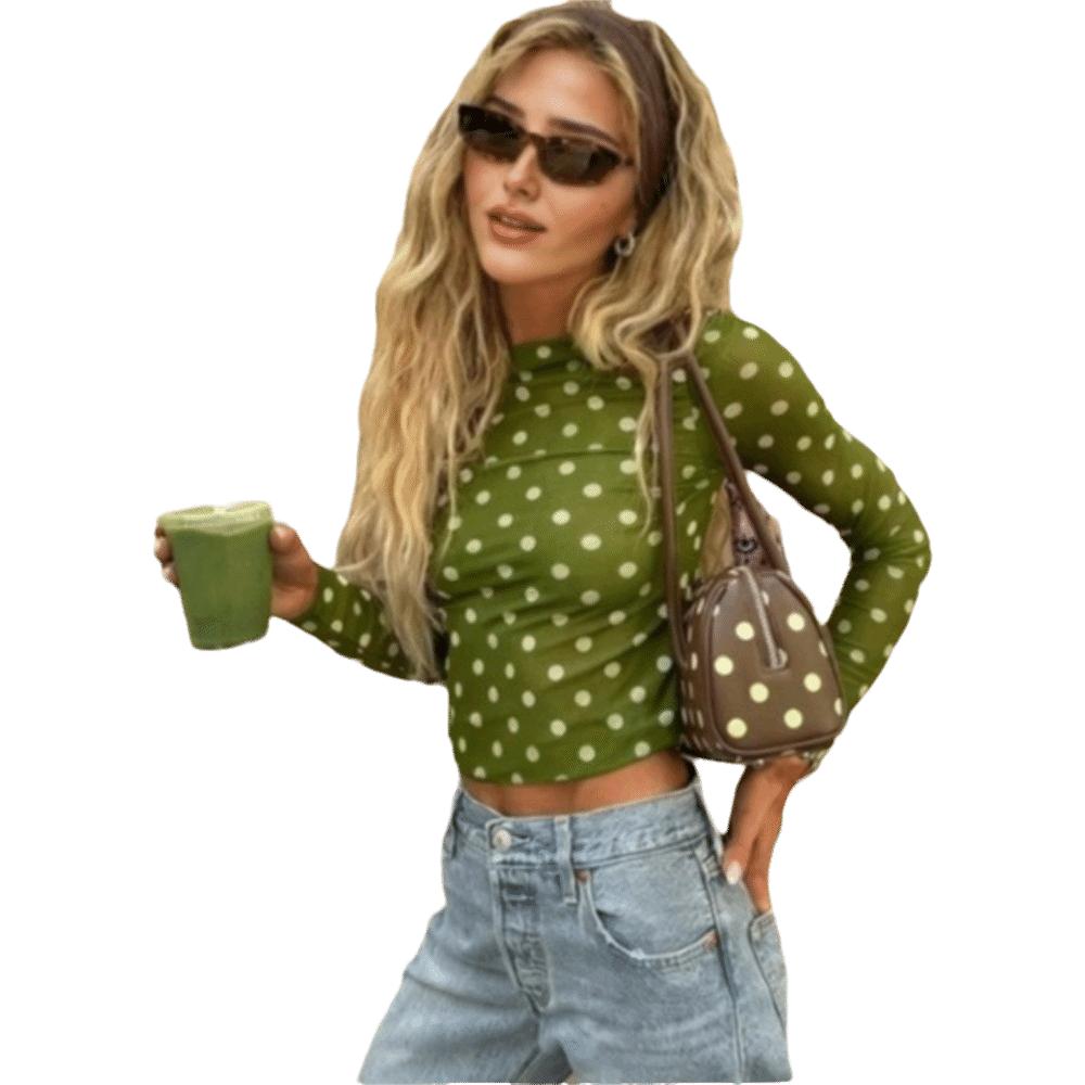 Leopard Polka Dot T-Shirt Transparent Y2k Crop Top Breathable Long Sleeve T-Shirt Date Night