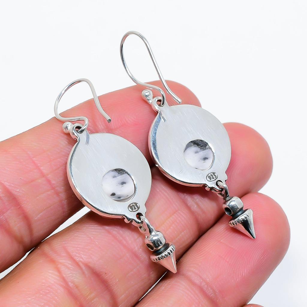 White Buffalo Turquoise - Nevada 925 Sterling Silver Earring V6810, Black & White Earring, Round Earring, Valentin's Day Gift, Gift For Her, Birthday