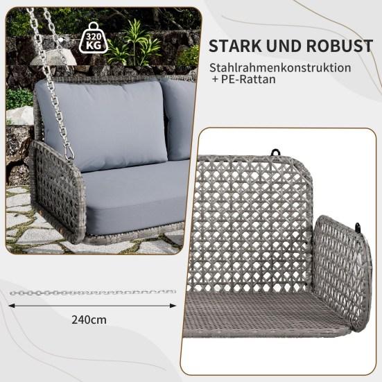 Hanging Swing Chair Wicker Double Seats Metal Chain Without Frame 320Kg Load Capacity Outdoor Garden Porch Patio Swing Lounge with Back Cushion