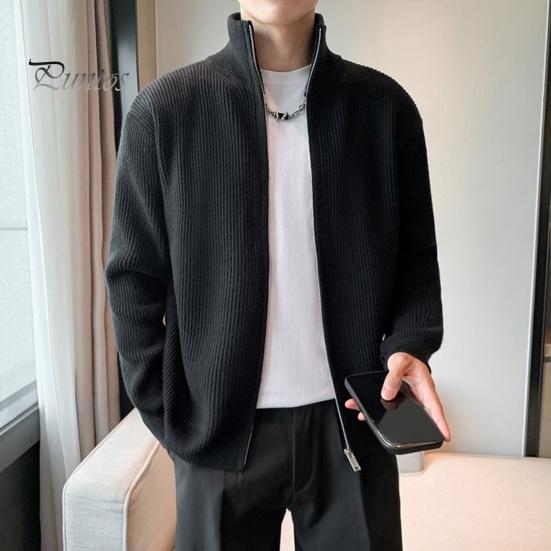 Men Sweater Coat Zipper Closure Knit Elastic Long Sleeves Stand Collar Outerwear Pure Color Casual Cardigan Daily Wear School Mid Length Jacket
