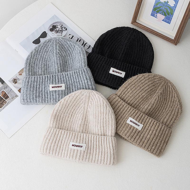 New Style Slouchy Hats Beanie Hats Winter Cap Y2K Warm Cap For Women Solid Color MONFRTF Letter Winter Knitted Girl Hats