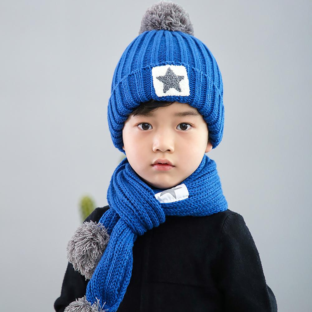 2Pcs/set Kid Knitting Hat Beanie + Long Scarf Thicken Velvet Cute Star Winter Warm Set