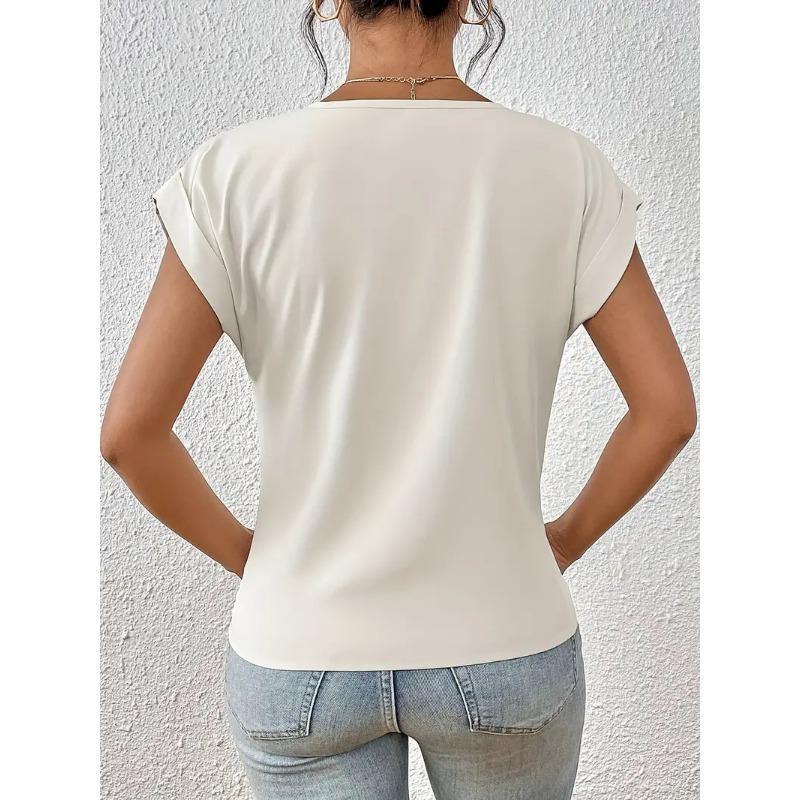 Women Wine Red V Neck Rolled Cap Sleeve Blouse Front Twist Knot Casual Loose T-shirt