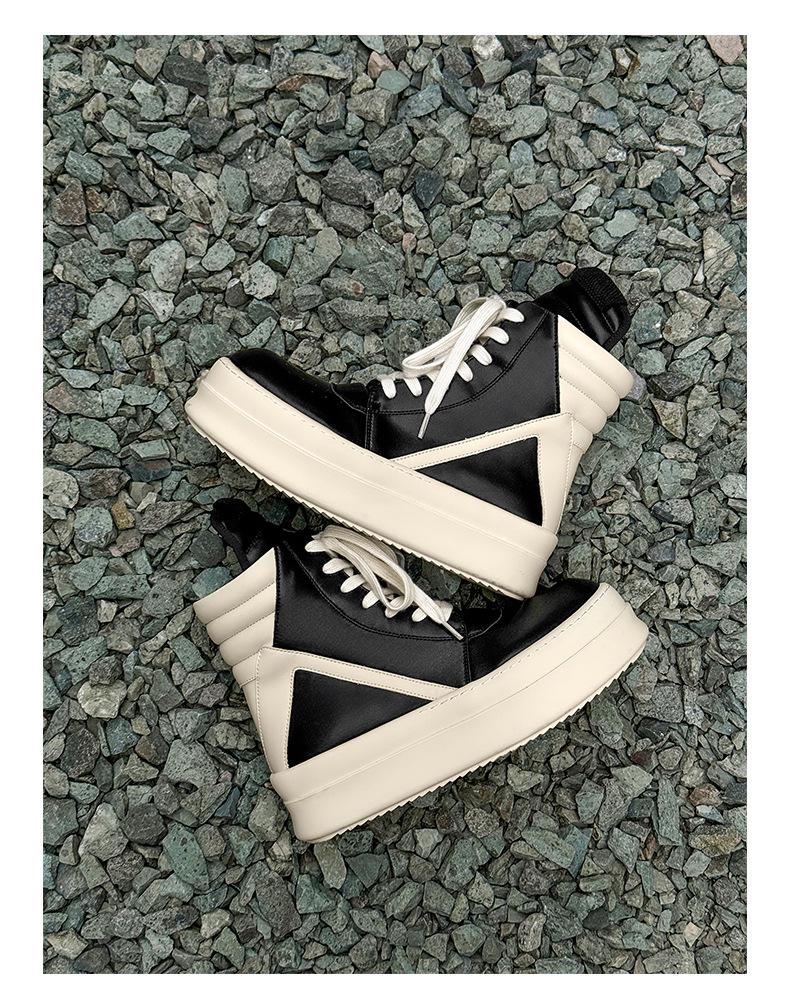 2024 Genuine Leather European & American Trendy Men's High-Top Black & White Thick-Soled Short Boots with Inverted Triangle Design