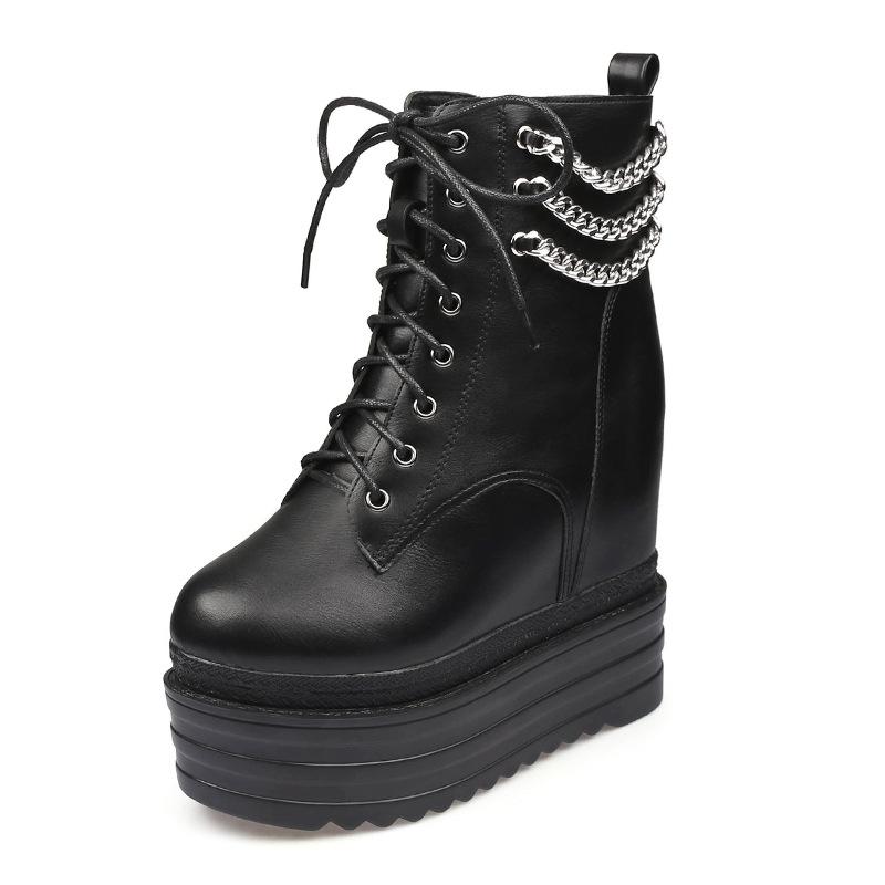 Fashion 13CM Women's Trendy Platform Boots Fashion Side Zipper Buckle Strap Design Height Increasing Stylish Mid Calf Boots Wedge Heel