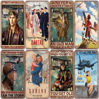 Pilot Poster Vintage Metal Plate Airplane Flight Attendant Metal Tin Sign Retro Wall Decor for Flying Club Home