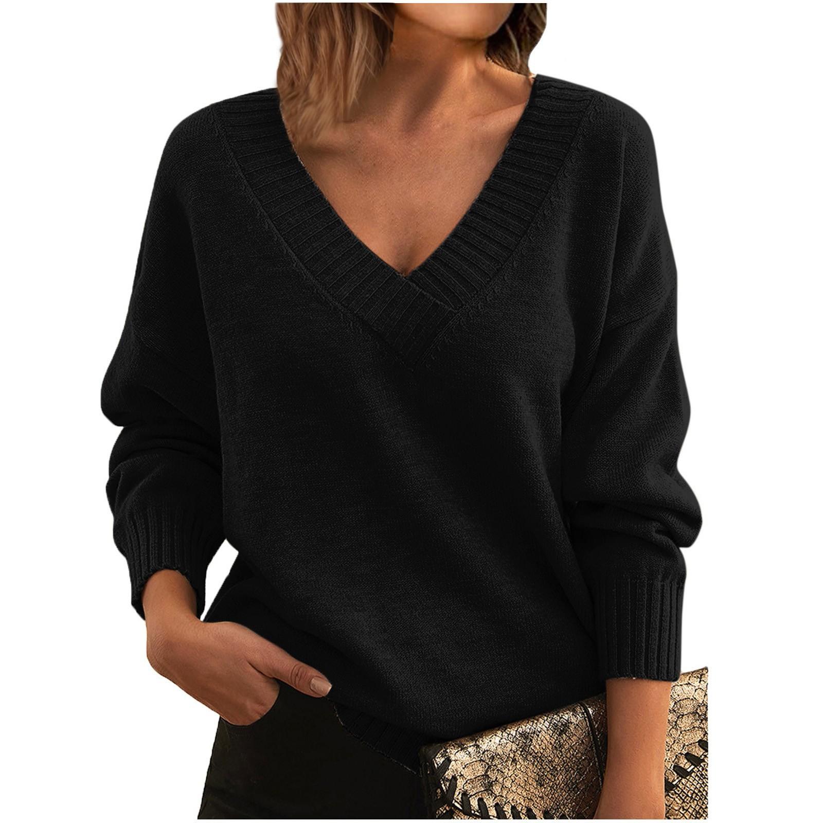 

Women s Fashion Casual Solid Color Sweater Set Head V Neck Warm Long-sleeved Sweater XXXXL чорний
