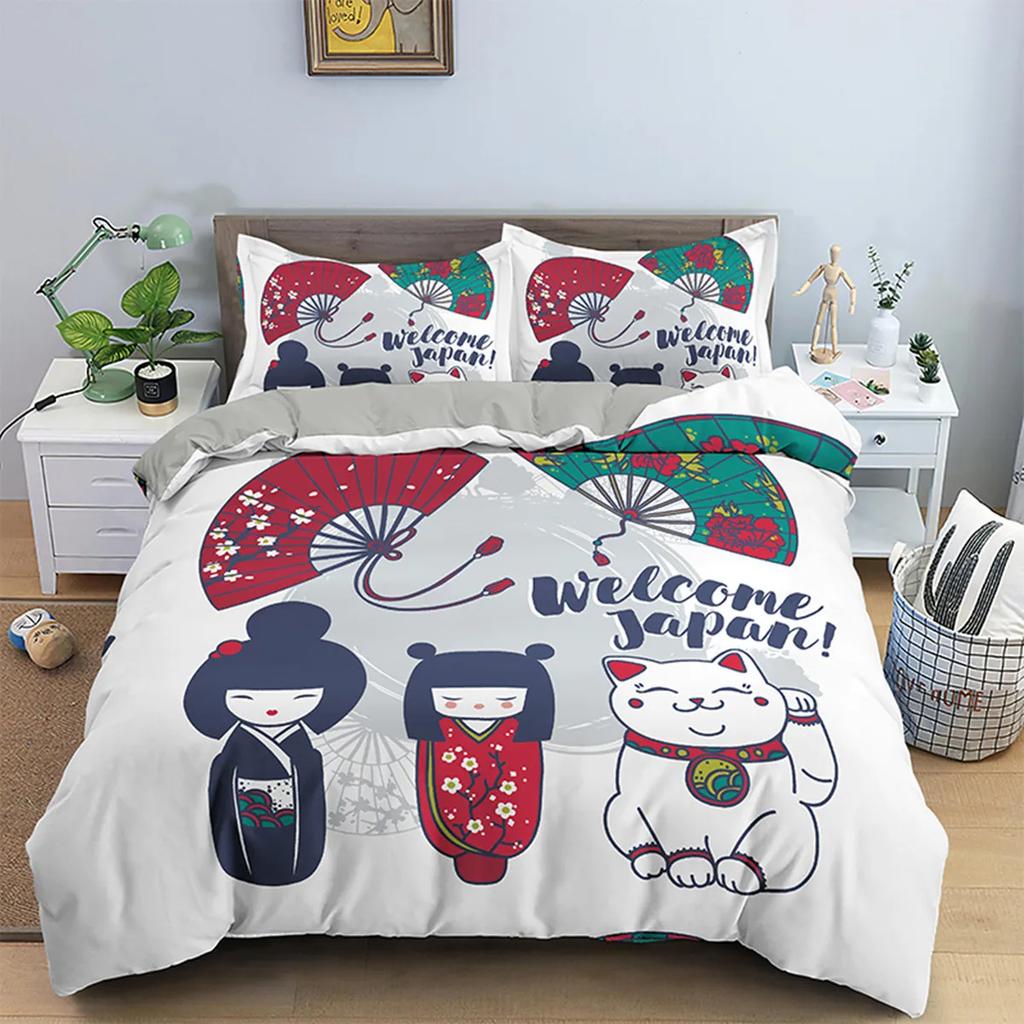 Japanese Good Luck Doll Printed Duvet Cover Cartoon Lucky Cat For Kids Girls Women Fan White Quilt Cover Bedroom Decorations
