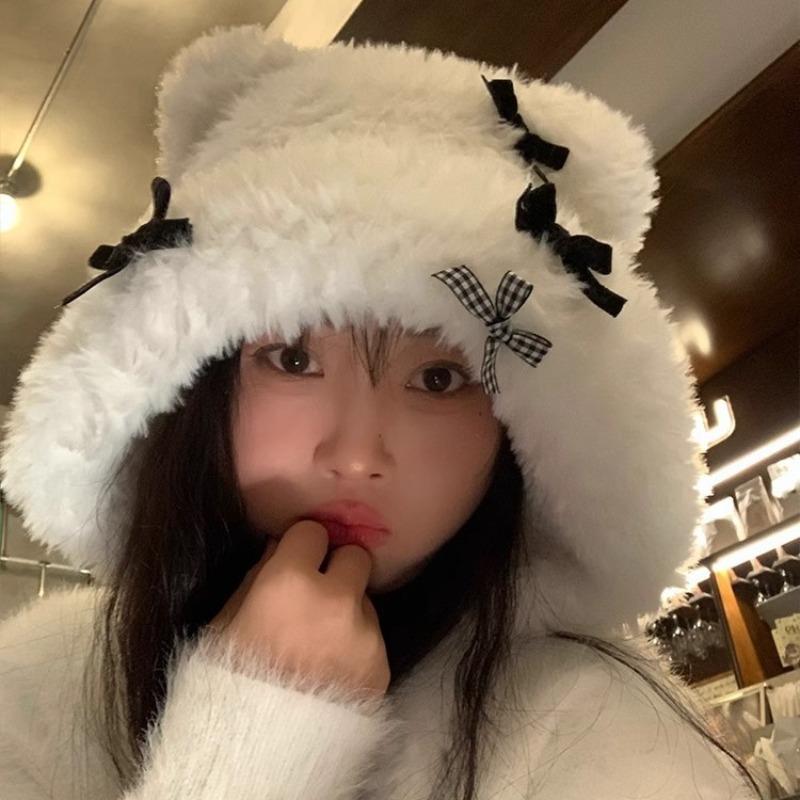 Original design cute bear hat autumn and winter female cute wool hat new plush headgear warm ear protection