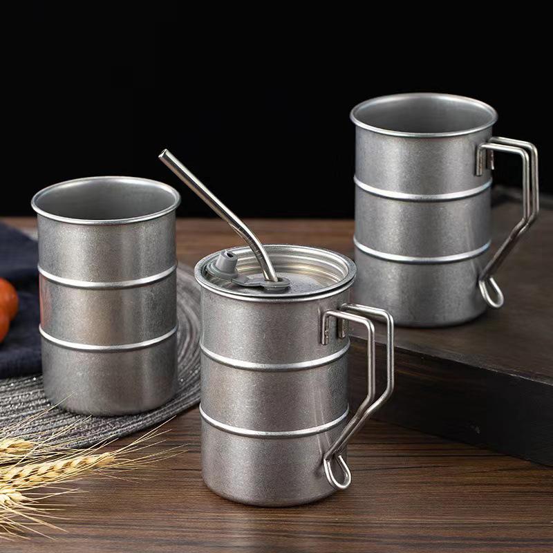 1Pc Retro Old Coffee Water Cup Industrial Style Oil Barrel Mug Outdoor Camping Picnic Beer Mug Drinking Utensils Stainless Stee