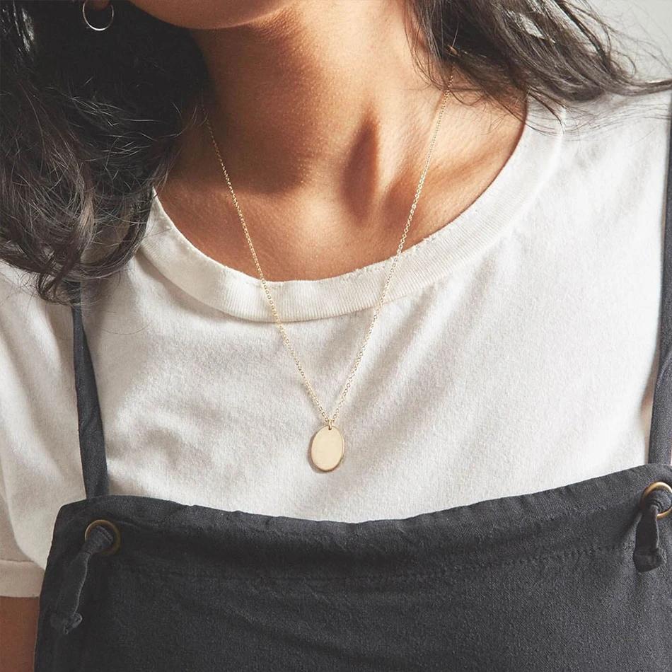 Simple Minimalist 316L Stainless Steel 9mm*13mm 14K Gold Plated Blank Oval Custom Engraved Necklace for Custom Logo 42+8cm&necklace