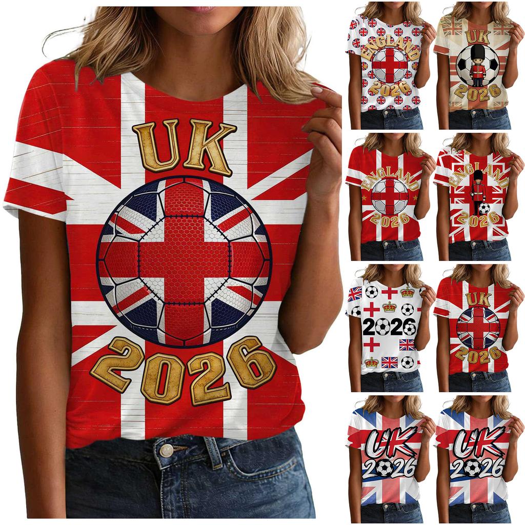 Ladies Casual Pullover T Shirt Short Sleeve Crew Neck Top with Letter Print for Football Support England 2026