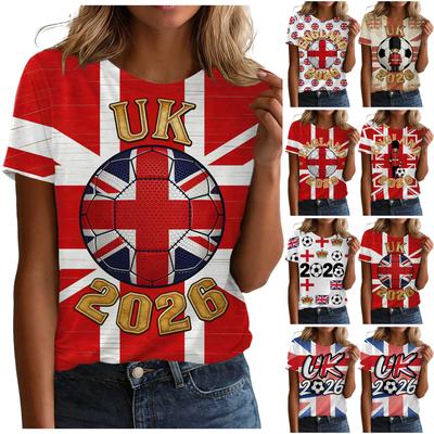 Ladies Casual Pullover T Shirt Short Sleeve Crew Neck Top with Letter Print for Football Support England 2026