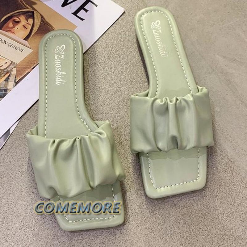Woman Flat Slides Slippers Summer 2024 Stylish Square Head Pleated Sandals for Women Casual Flip Flops Solid Color Shoes Fashion