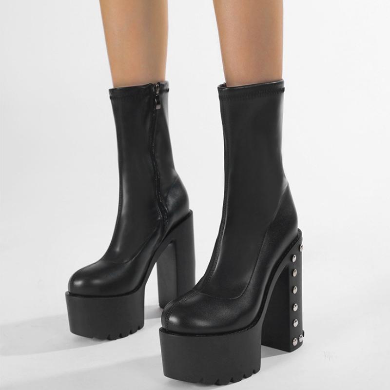 Fashion 14 Cm Super High Heel Platform Boots Women Black Rivets Punk Style Ankle Boots for Women 43 Large Size Side Zipper Modern Boots