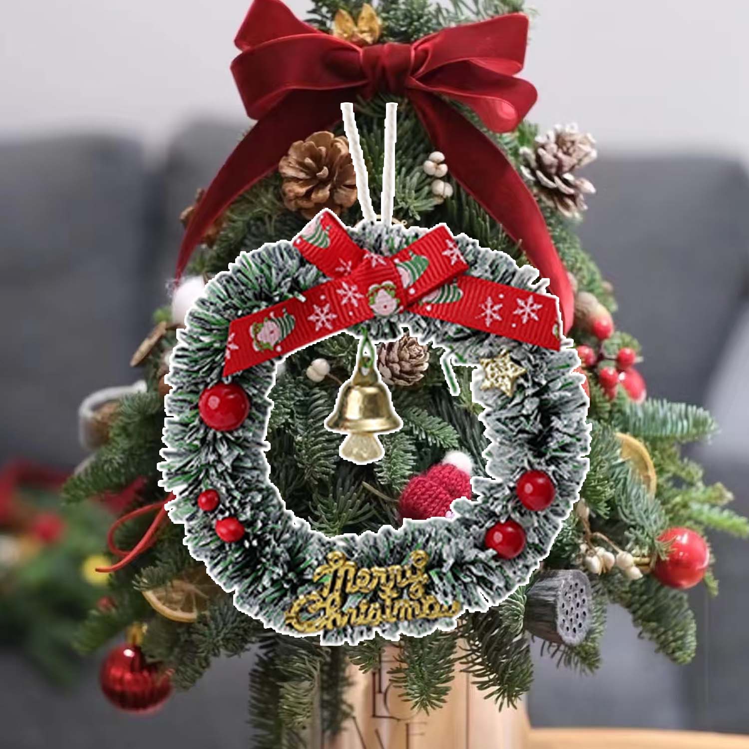 

Red Christmas Wreath Pendant with Pinecone Bell Home Party Simulated Rattan Drop Ornaments DIY Xmas Tree Hanging Supplies 1pc зелёный
