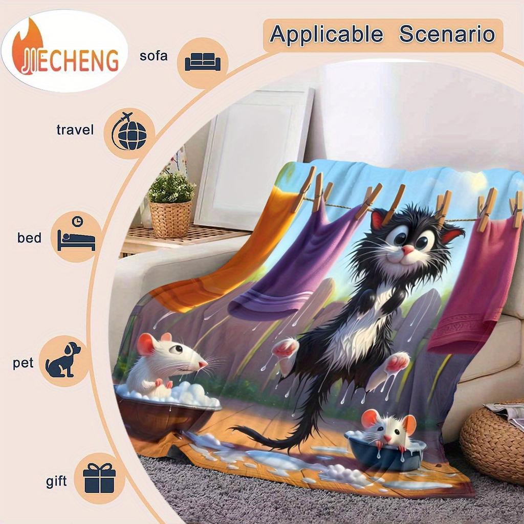 Funny cat and mouse patterns Flannel printed blanket suitable for all seasons suitable for living room office sofa and travel