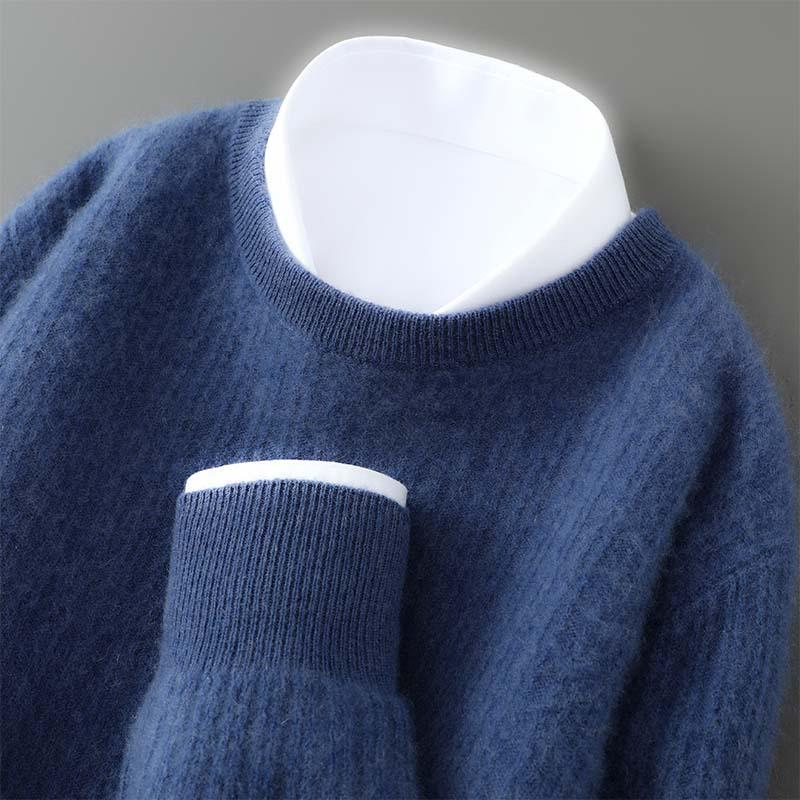 Men's Casual Round Neck Jacquard Wool Sweater - Loose Fit Pullover