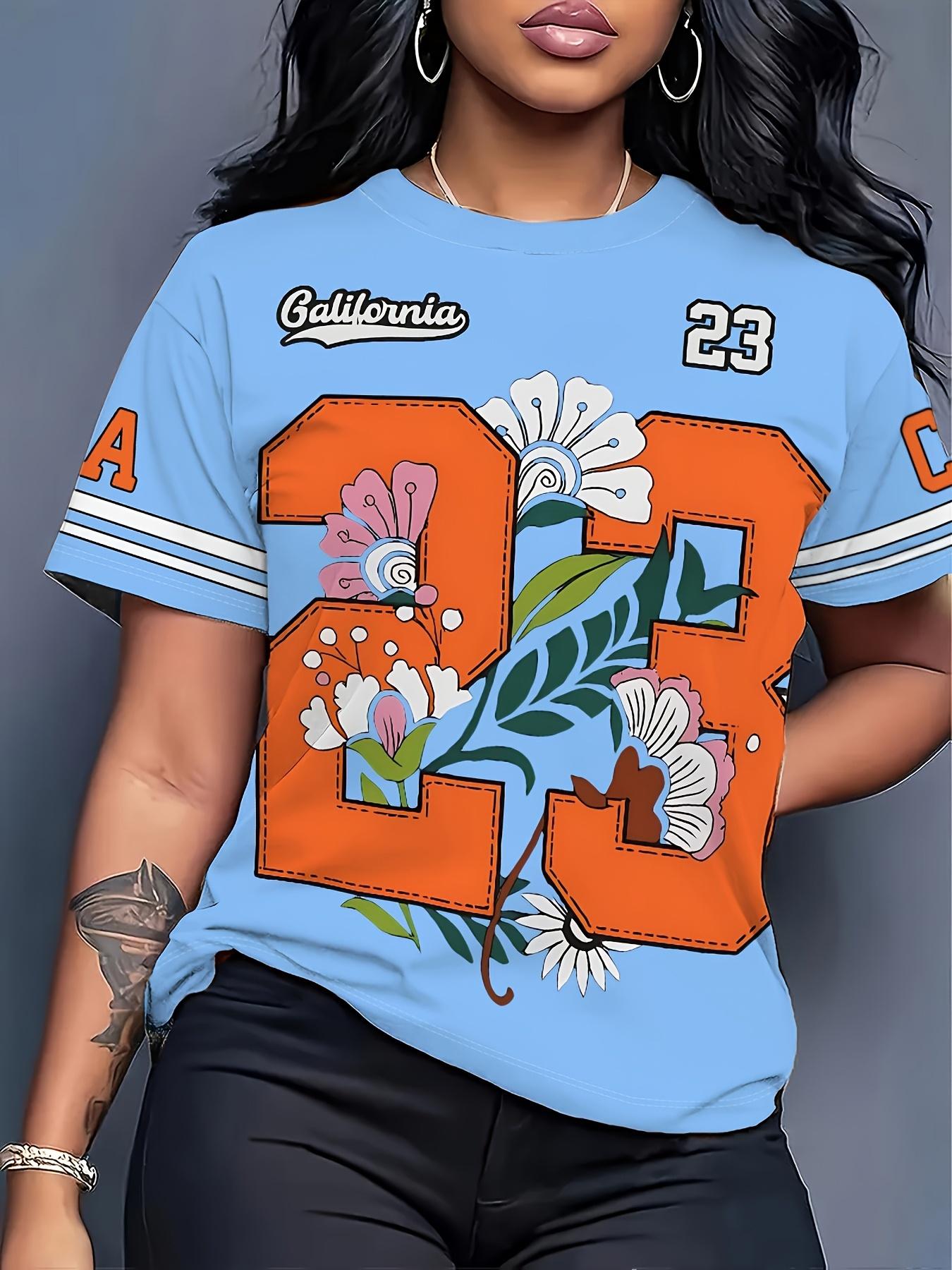 

;California 58.42cm Blue and Orange Floral American-style Short-sleeve T-shirt. Summer Casual Round-neck Top for Women. Essential for Outdoor Daily.. M дубильна кора