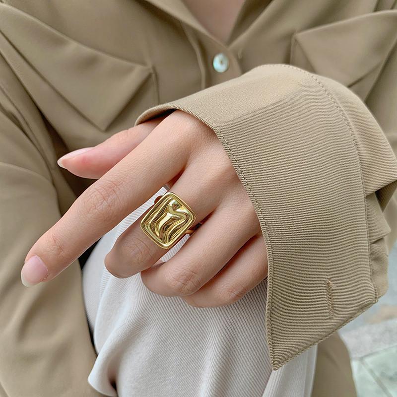Korean Trendy 925 Silver Ring With Glossy Geometric Rectangle For Womens Style Elegant